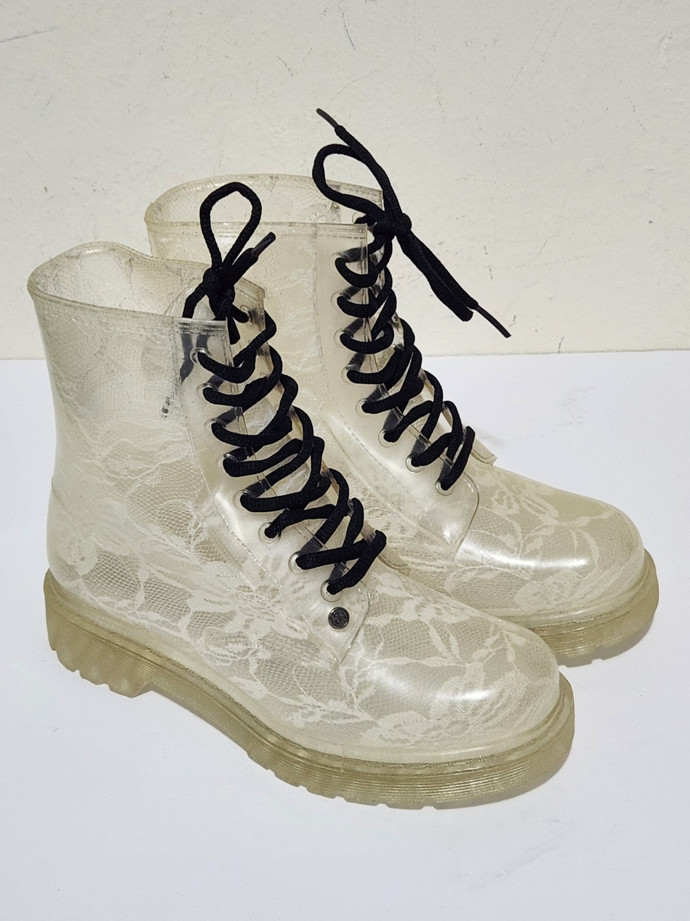 G-Six Workshop Ginny Lace Translucent Rain Combat Boots Y2K Revival Sock-Flexing